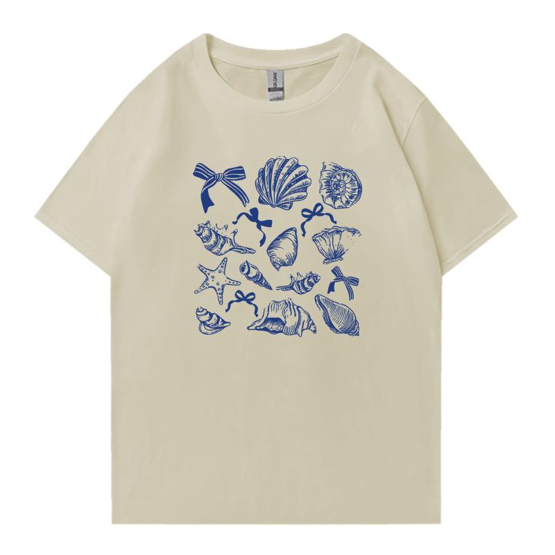 Популярная женская футболка оверсайз с рисунком морского животного — раковины и банта, унисекс, хлопковая, для мужчин и женщин, повседневная, с коротким рукавом, летняя.