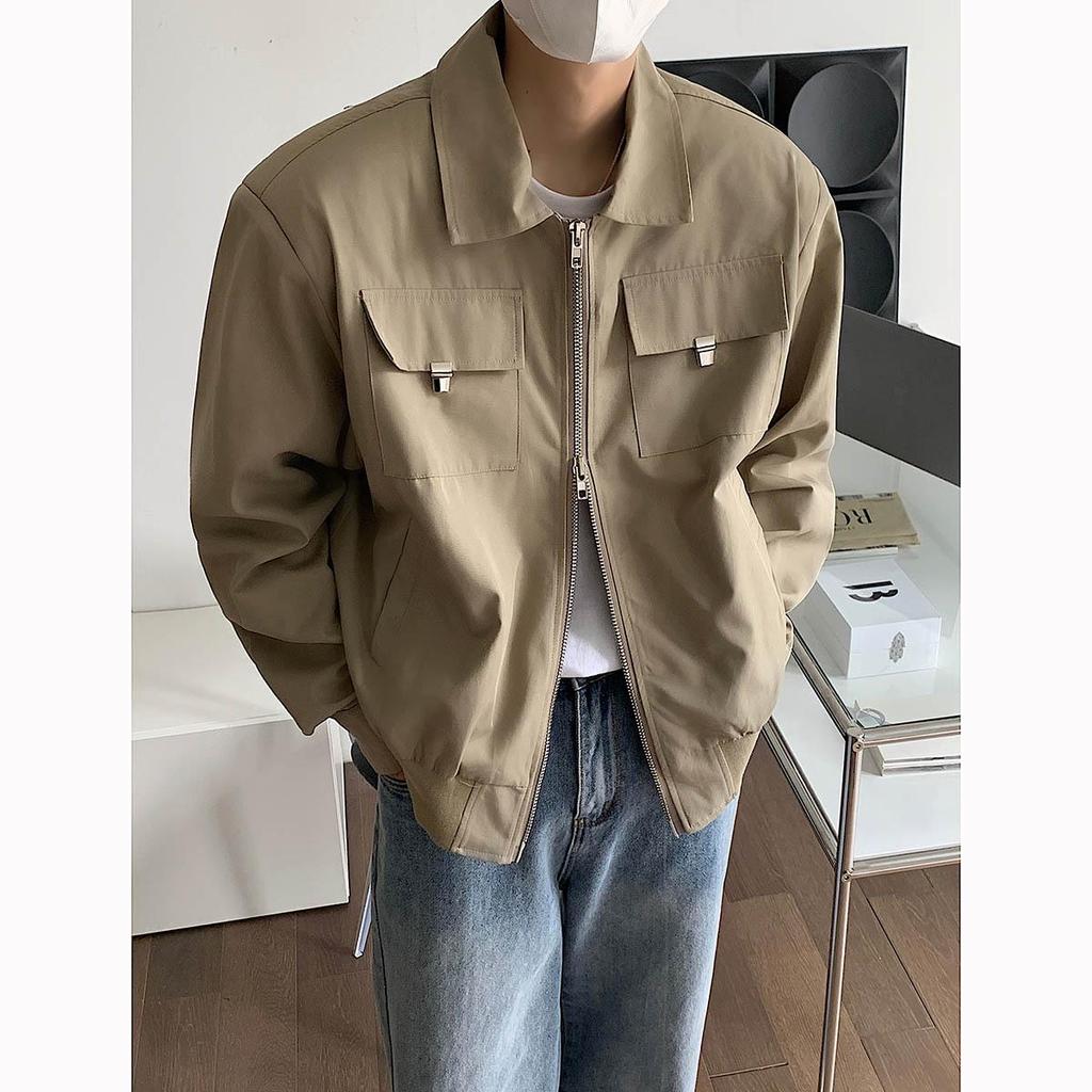 Men's Oversized Khaki Baseball Jacket - High-End CleanFit Workwear Pilot Style