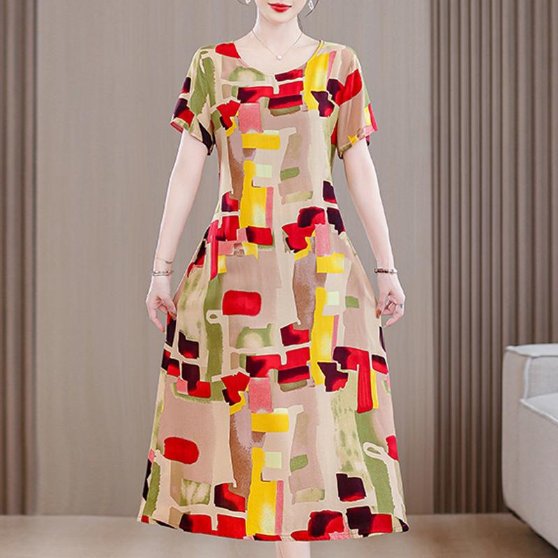 Летнее винтажное платье для женщин, повседневные платья больших размеров с короткими рукавами и поясом, элегантная женская одежда среднего возраста