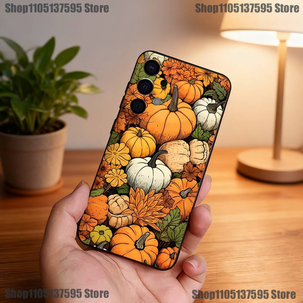 Осенние листья тыква Чехол для телефона для Samsung S25, S24, S21, S22, S23, S30, Ultra, S20, Plus, Fe, Lite, 5G Черный чехол