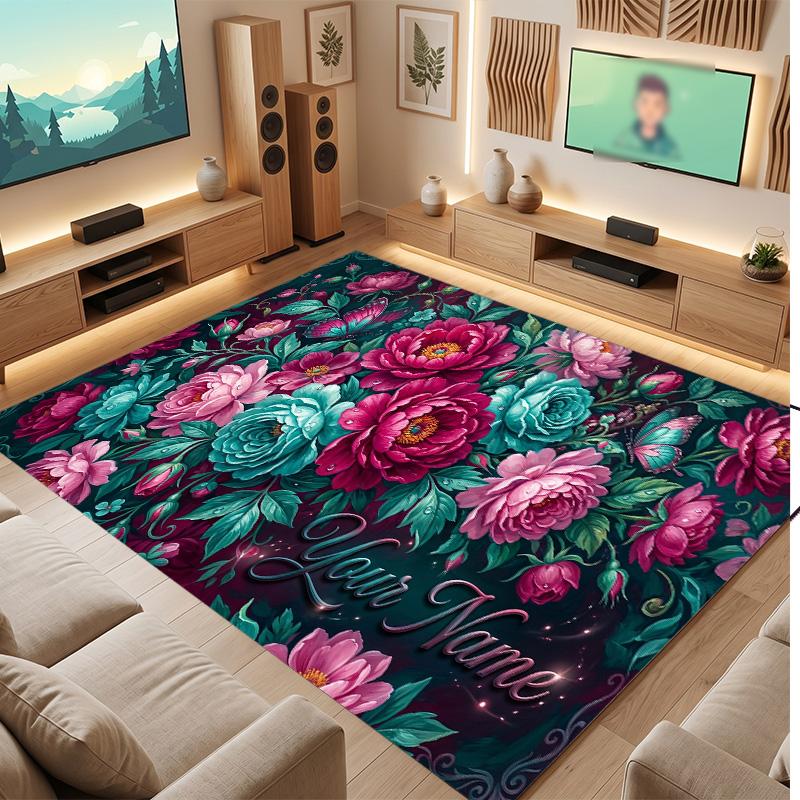 Floral Garden Theme Soft Crystal Velvet Rug Custom Name & Text Print Non Slip Floor Rug for Bedroom Living Room