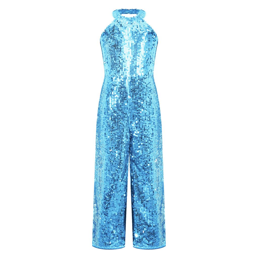 Girls Shiny Sequin Romper Halter Neck Wide Leg Pants One Piece Jumpsuit Sleeveless Party Dancing Outfit