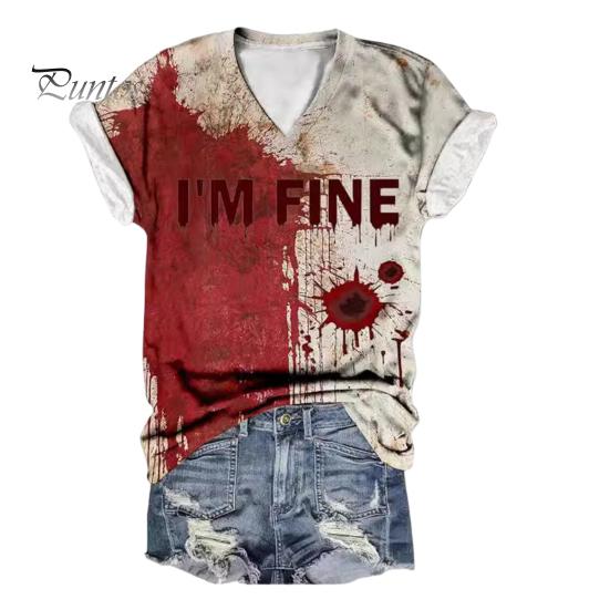 Женская футболка с V-образным вырезом и коротким рукавом, футболка с принтом крови на Хэллоуин, тонкая эластичная, для косплея, фестивалей, пуловеры, топы