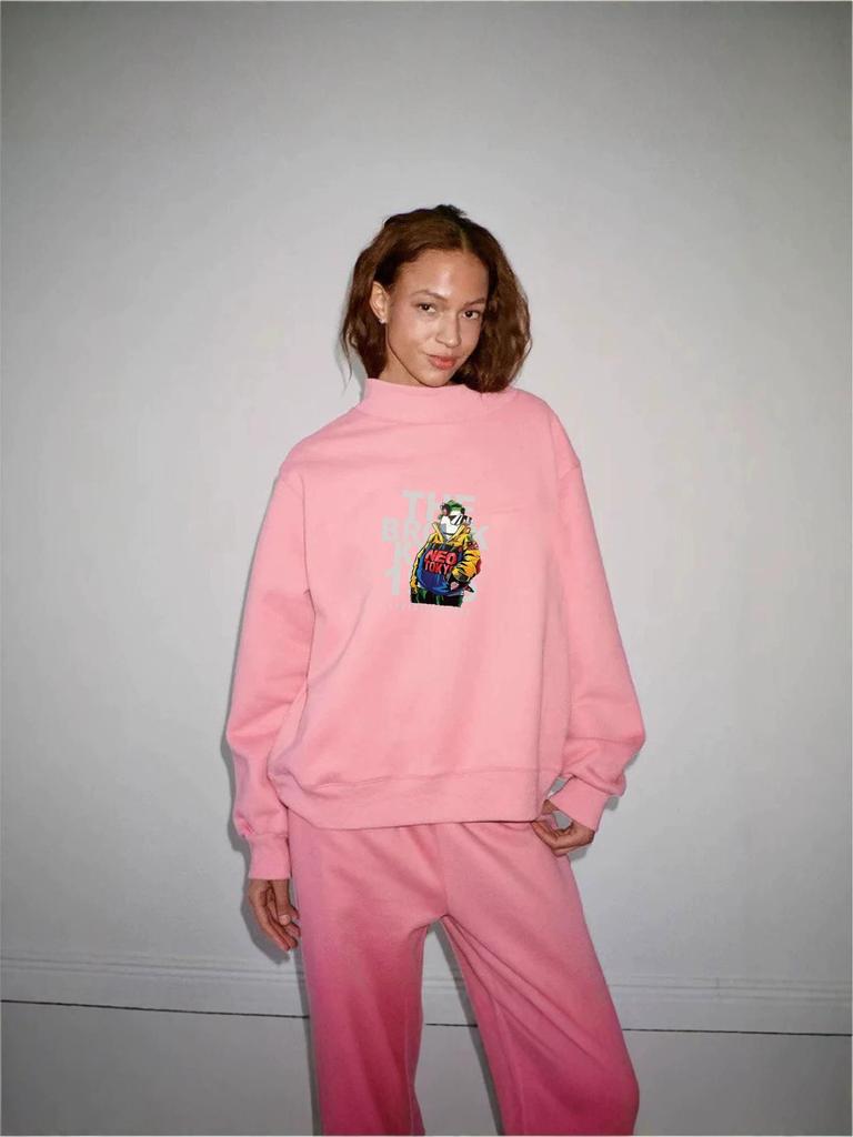 European Style Women's Printed High Neck Long Sleeve Hoodie - Casual, Loose, and Comfortable Sweatshirt