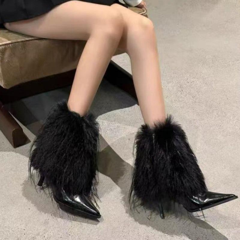 Fashion Fur Women Ankle Boots Sexy Pointed Toe High Heels Shoes Designer 2025 Winter Trend New Fashion Boots Dress Party Woman Pumps