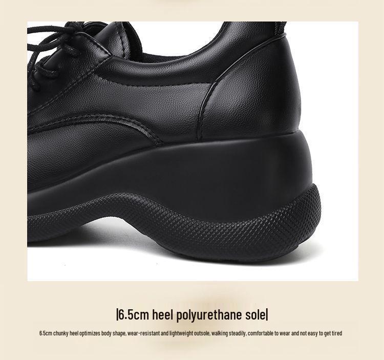 Женские черные кожаные туфли на массивном высоком каблуке - Осенний стиль, Увеличивающие рост, Толстая подошва, Легкие, Износостойкие, Низкий верх