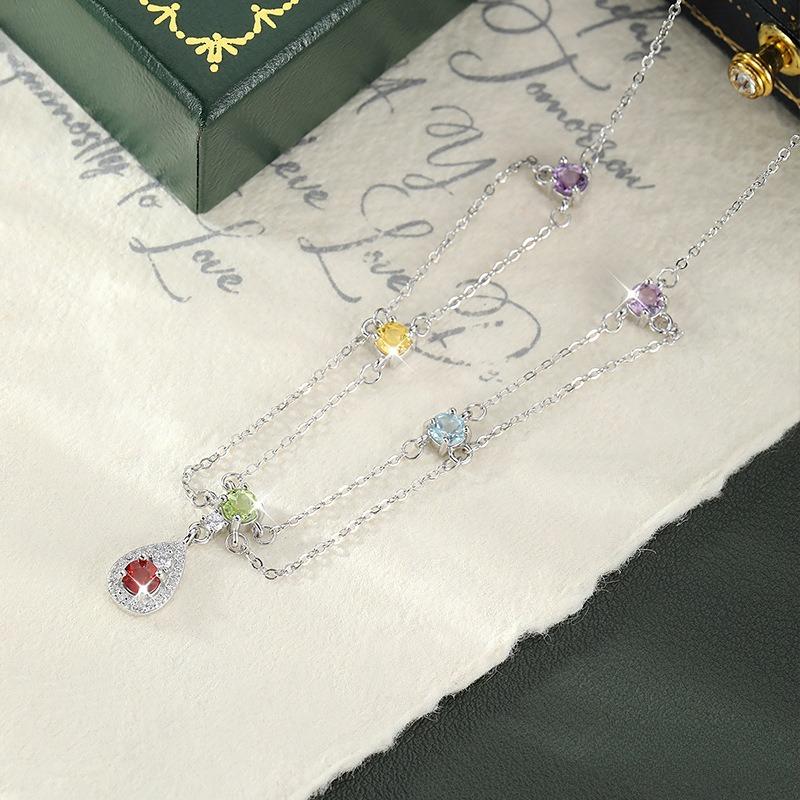 Natural crystal stone rainbow inlaid necklace S925 sterling silver collarbone chain high-end temperament fashion retro jewelry gift