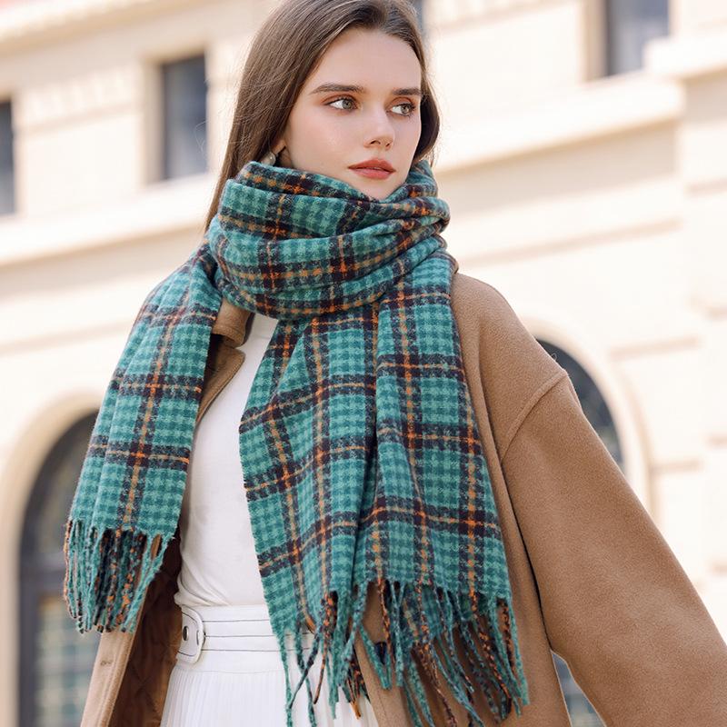 Autumn and Winter New Korean Style Plaid Scarf for Women Versatile Mid Length Shawl for Women  Imitation Cashmere Tassel Scarf