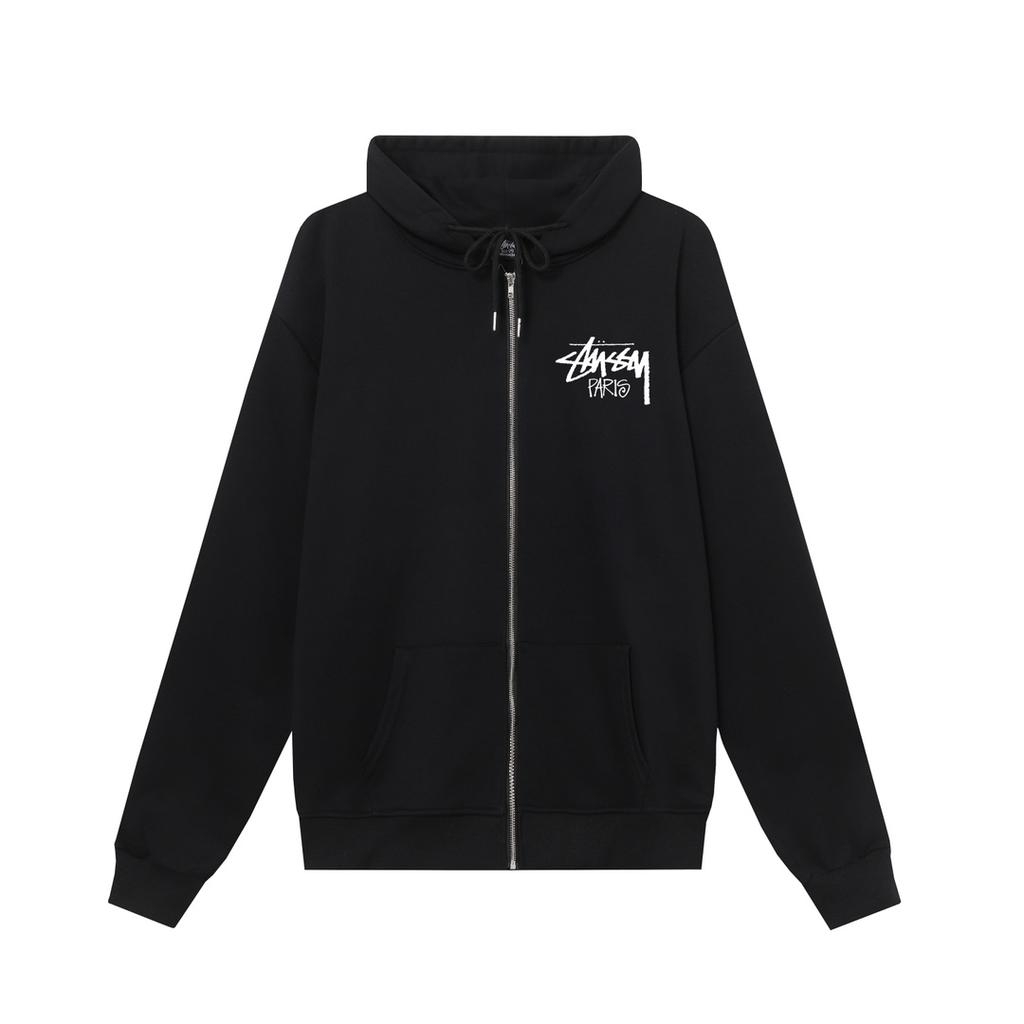 Stussy 2025 Новая весна и осень Большие размеры Тонкий стиль Классический Париж Письменный Принт Толстовка с капюшоном на молнии для пар