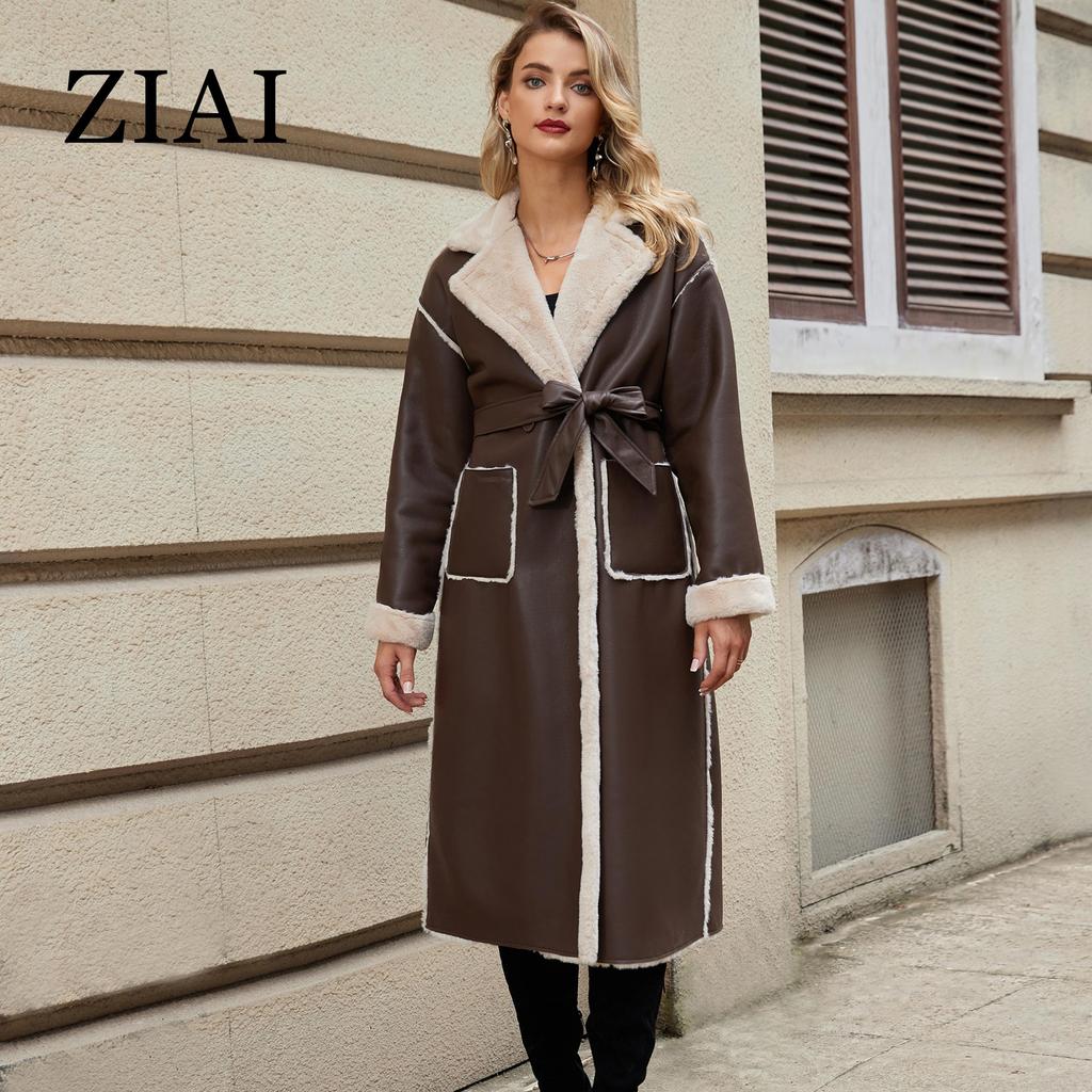 ziai 2024 Winter Faux Leather Jacket Women Long Warm Plush Fur Collar Padded Coat Fashion Pocket Cotton Female PU Parkas K18