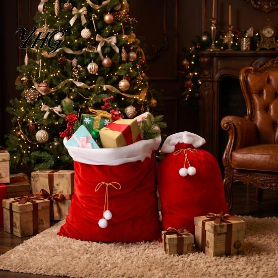 Small Gift Pouches for Christmas Velvet Santa Bags, Large Red Soft Fabric Present Sack Flannel Carriers with Drawstring Closure, Reusable Claus