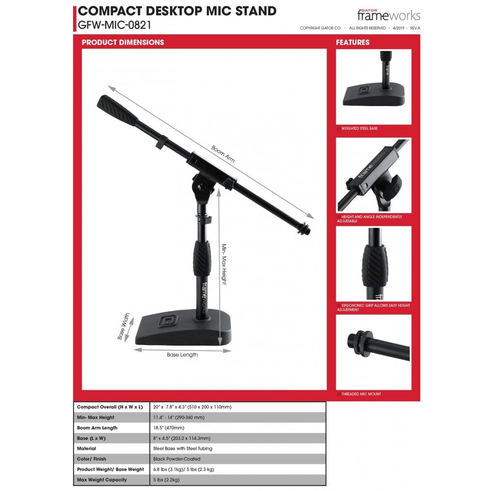 Стойка микрофонная GATOR Frameworks с короткой стрелой GFW-MIC-0821 (для бас-барабана, усилителя и т. д.)