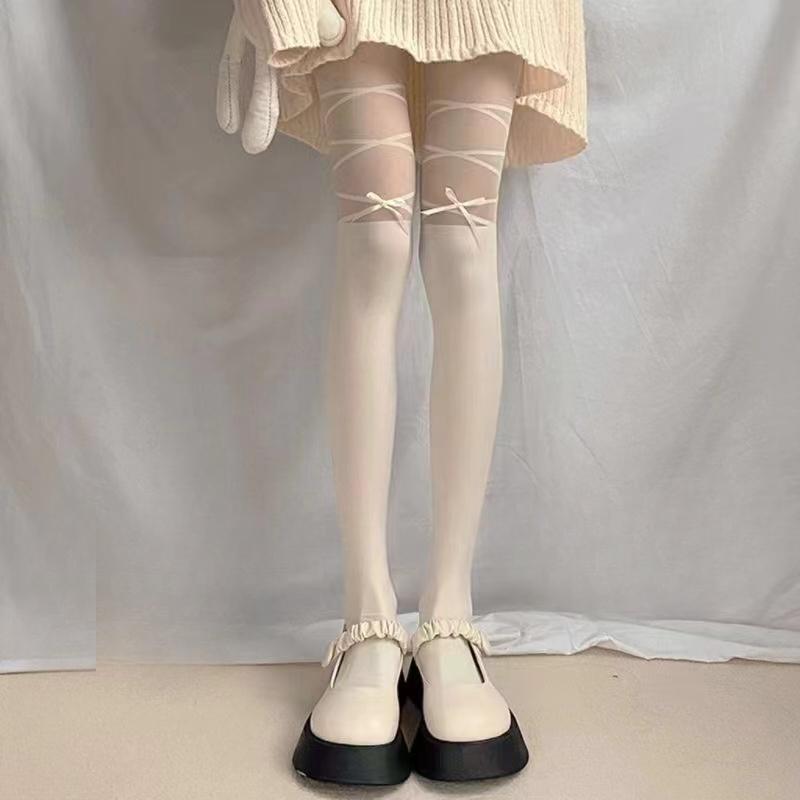 Strap Bow Stitching Stockings Japanese Thin Section White Stockings Women Fake Thigh Socks Female Jk Black Fake Pantyhose