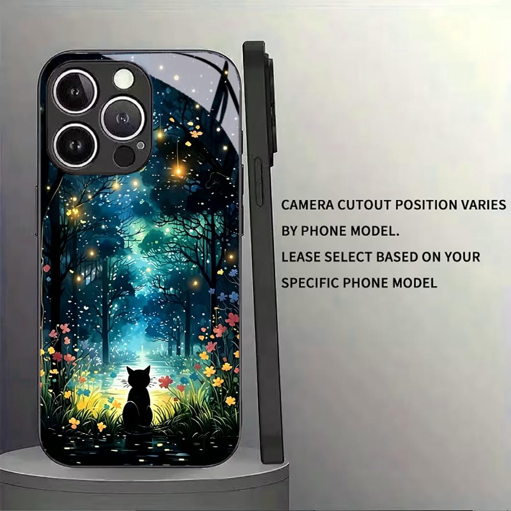 Magical Forest Cat Tempered Glass Phone Case Compatible iPhone 17 14 12 Pro 13 Pro Max 14 Plus 15 16 Drop Proof Hard Cover