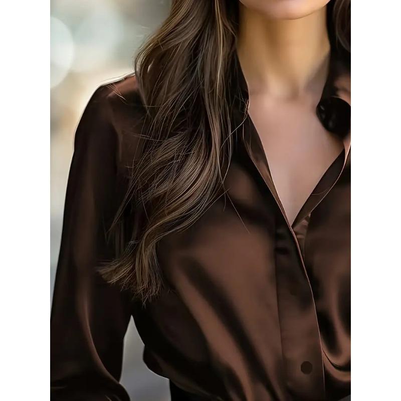 Women S Long Sleeve V Neck Button Down Solid Color Elegant Blouse