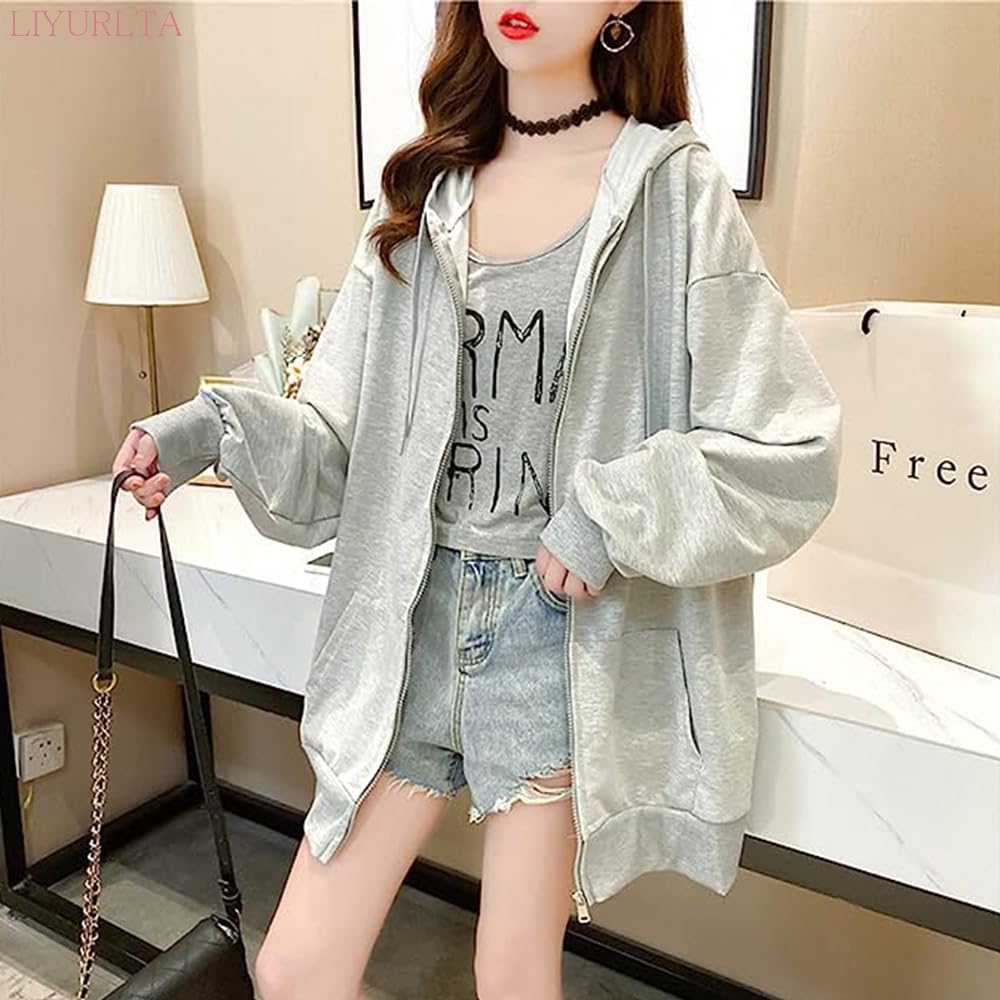 LIYURLTA Oversized Loose Flattering Long Harajuku Korean LIY38 Women's Hoodie, Fit, Sweatshirt, Lightweight, Casual, Zip-Up Hoodie, Sleeve, Coat,