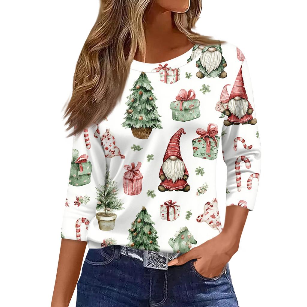 Женский топ с круглым вырезом и рукавом 3/4 с рождественским принтом