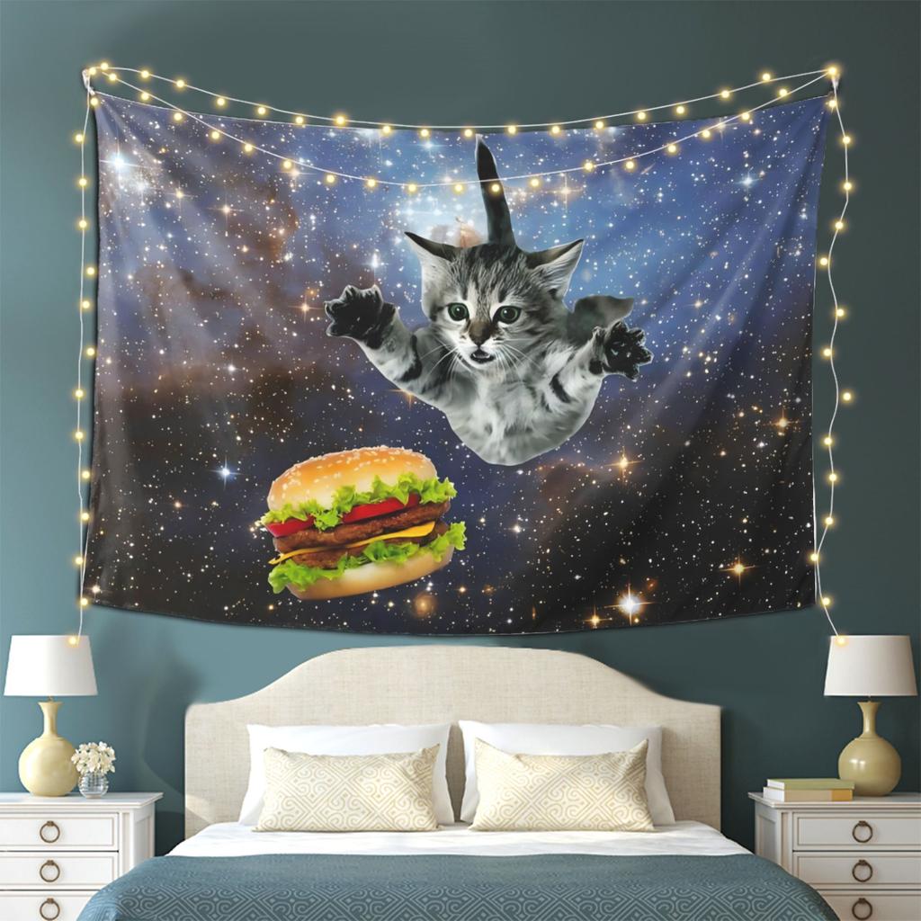 Space Cat Hamburguer Tapestry Trendy Dorm Decor Gift for Graduation Birthday Parties MultiSize Flat Print Wall Art