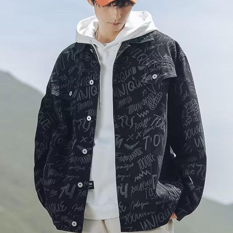 Mens Oversized Denim Jacket Streetwear Casual Loose Fit Printed Hoodless Teens Adults
