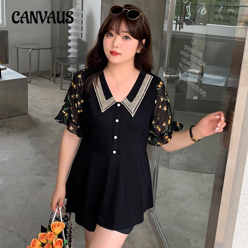 Плюс Размер Женский Летний Новый Обтягивающий Покрытый Рукав Лотоса Темперамент V-образный Вырез Короткий Рукав Топ