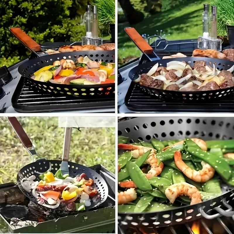 Перфорированная сковорода для гриля с складной ручкой, круглая, с антипригарным покрытием, портативная корзина для барбекю для заднего двора