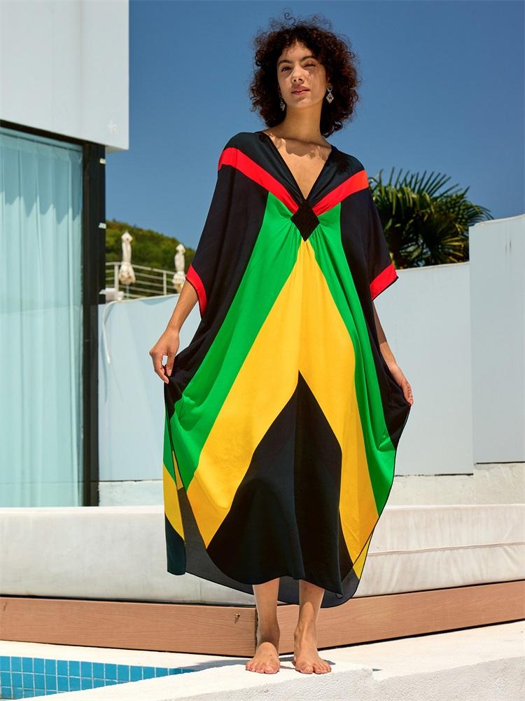 Кафтан большого размера разноцветный летний длинный пляжный наряд женская домашняя одежда купальник накидка свободный кафтан EMA