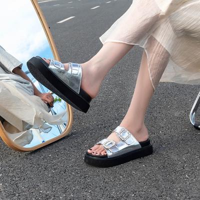 Однословные на толстой подошве со стразами квадратной пряжкой уличные тапочки женские летние новая мода повседневные на платформе пляжные сандалии женские