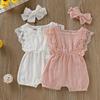 Yozgi chaqaloq qizlar uchun romperlari Yangi tug'ilgan chaqaloq kiyimlari Kichkintoy uchun keng yengli bir rangli dantelli dizaynli romperlari Jumpsuit bosh bandi bilan bir qismli
