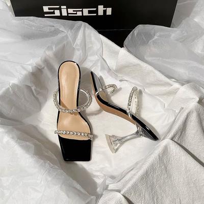 2025 новые прозрачные босоножки на высоком каблуке со стразами для лета для женщин с квадратным носком, сексуальные тонкие каблуки со стразами, высокие каблуки