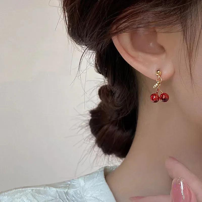 Red Cherry Pendant Necklace Earrings 2pcs Set Women's Fashion Fruit Necklace Earrings Jewery Set For Party Wedding Girls Gifts