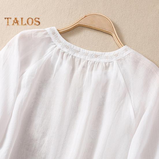 Летняя женская рубашка с V-образным вырезом и цветочной вышивкой, рукава три четверти, свободная однотонная ретро-мама, женская повседневная блузка среднего возраста