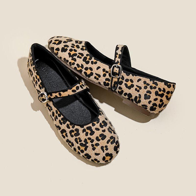 Retro Leopard Print Single Shoes Women's New One-word Buckle with Mary Jane Flat-soled Soft-soled One-pedal Beanie Shoes