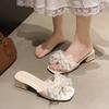 Fairy Wind Pearl Bow Slippers Female Outer Wear 2025 New Crystal Thick Heel with Transparent High Heel Slippers