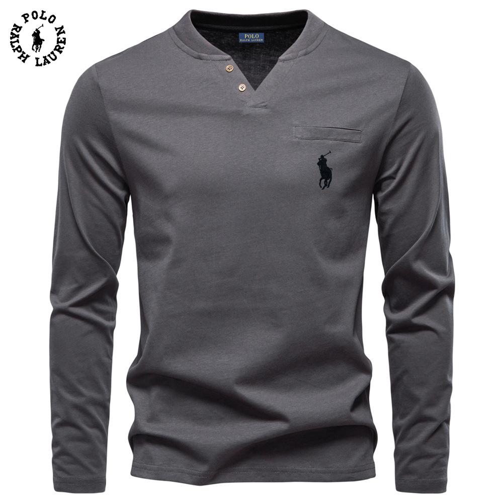 Polo Ralph Lauren 2025 Autumn New Men's Embroidery Casual V-neck Long Sleeved T-shirt Slim Fit Base Shirt Pure Cotton T-shirt Top for Men