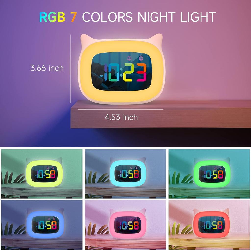 Милый будильник с кошачьими ушками, 7-цветным ночником RGB и 18 мелодиями звонка, перезаряжаемые часы для детской спальни