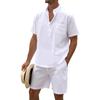 2Pcs Sets Men's Cotton Linen Set Henley Shirts Shorts Outfits Beach T-shirt Vacation Matching Suit Summer Wear Short Sleeve