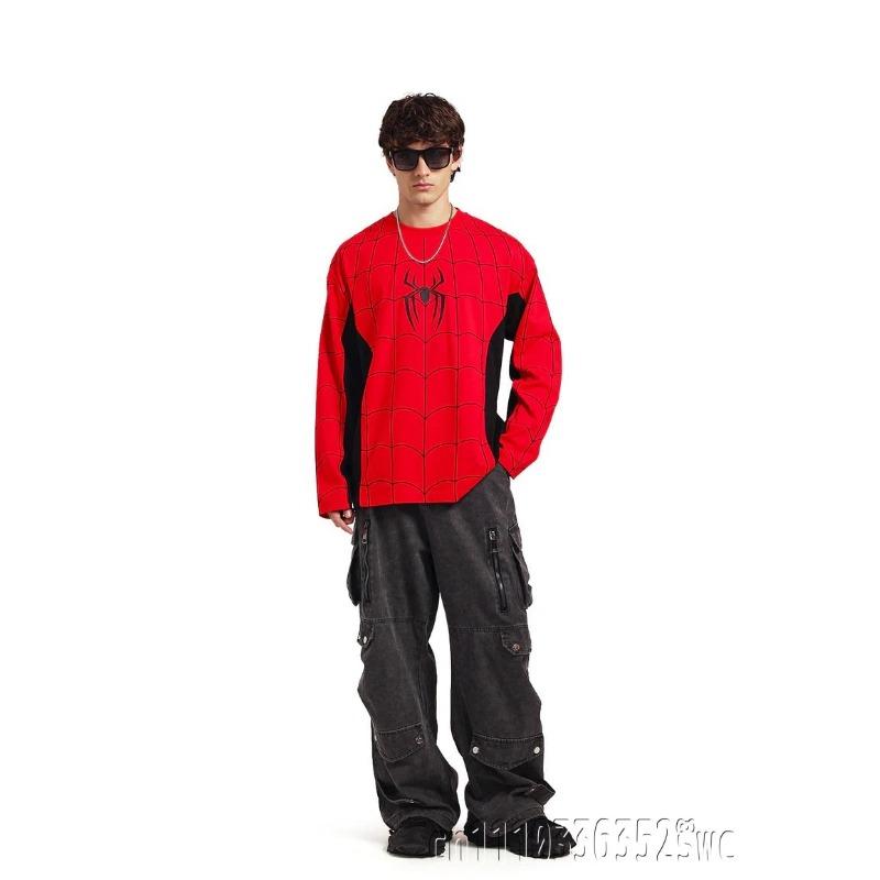 Spider Web Graphic Color Block Long Sleeve T Shirt Men Oversized Loose Casual Streetwear Top Unisex Kids
