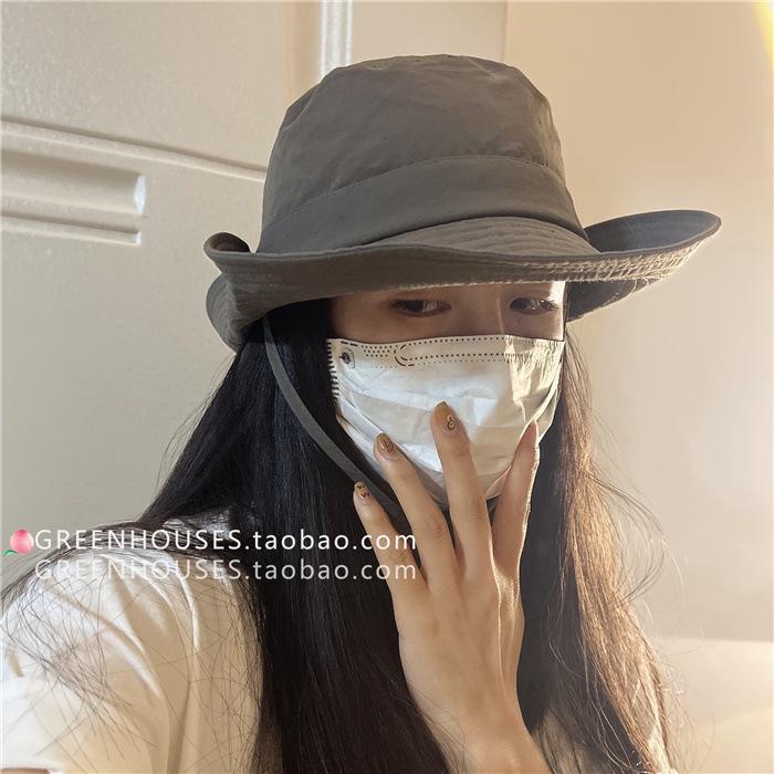Japanese-style quick-dry drawstring fisherman hat for women, breathable and sun-protective, large brim sun hat for outdoor fishing and hiking, men's