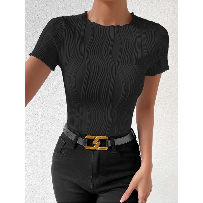 Весенне-летняя женская футболка с круглым вырезом и коротким рукавом, однотонная, тонкая, с нерегулярными вертикальными полосками