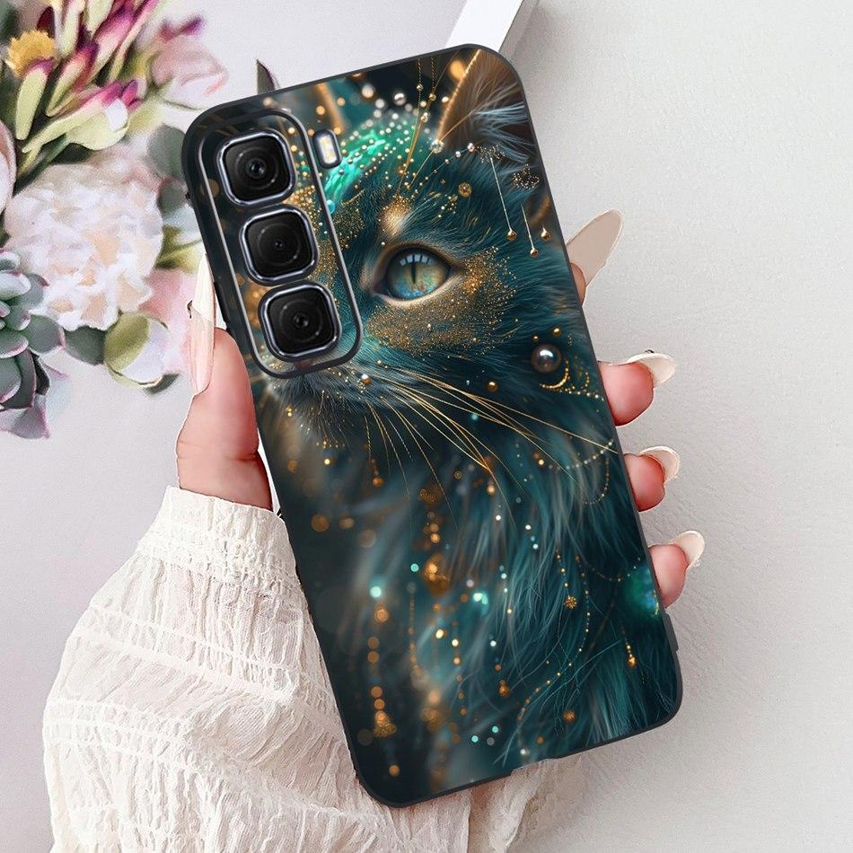 For Infinix Hot 50 4G Phone Case Hot 50 Pro+ 4G Hot50 Pro Elegant Floral Cat Pattern Black Silicone Soft TPU Cases
