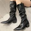 Women's Pionted Toe Chunky Heel Shoes Autumn New Wrinkle Thigh High Boots for Women Black Heeled Ladies Knee High Boots