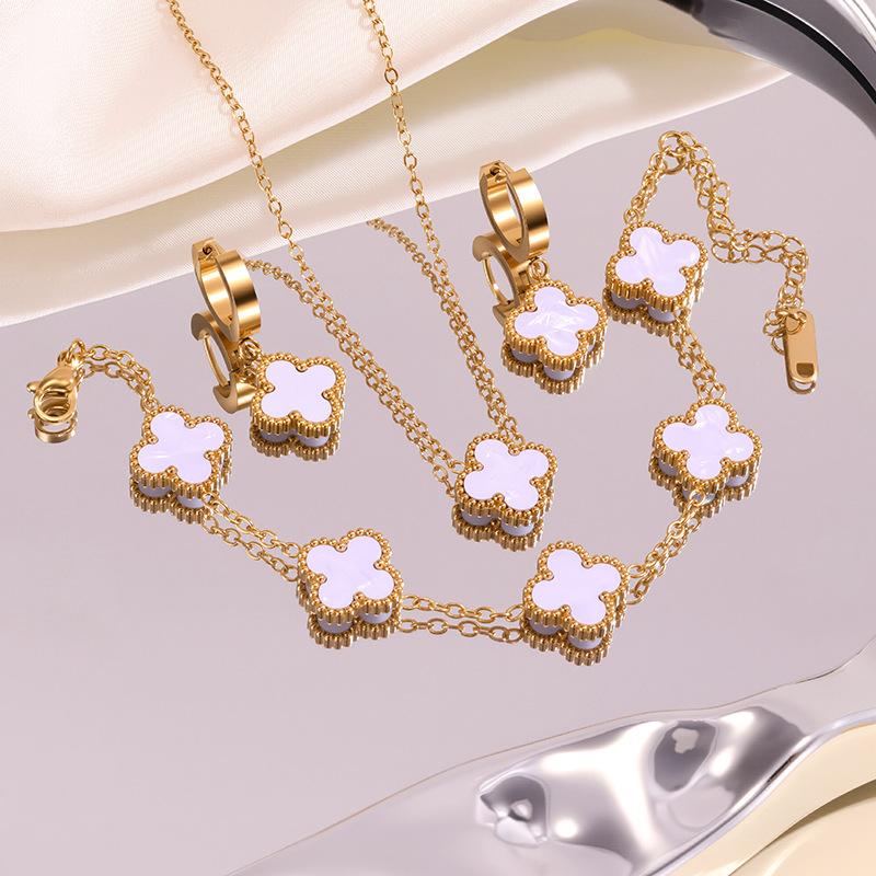 3PCS Fashion Titanium Steel Four-leaf Clover Double-sided Shell Necklace Bracelet Ear Buckle Non-fading Jewelry Set