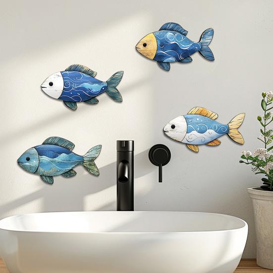 3/4Pcs/Set Wooden Fish Wall Decoration Farmhouse Rustic Nautical Turtle Shell Starfish Wall Art Sculpture Home Living Room Bathroom Wall Decorative