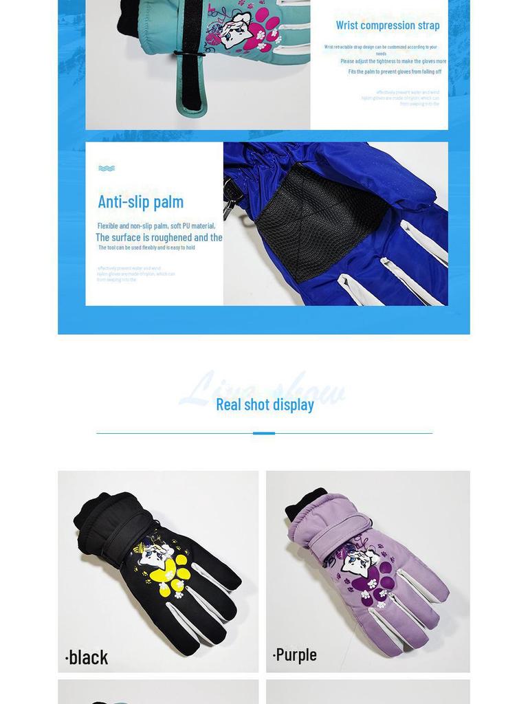 Детские зимние лыжные перчатки с рисунком, ветро- и водонепроницаемые, возраст 5-10 лет