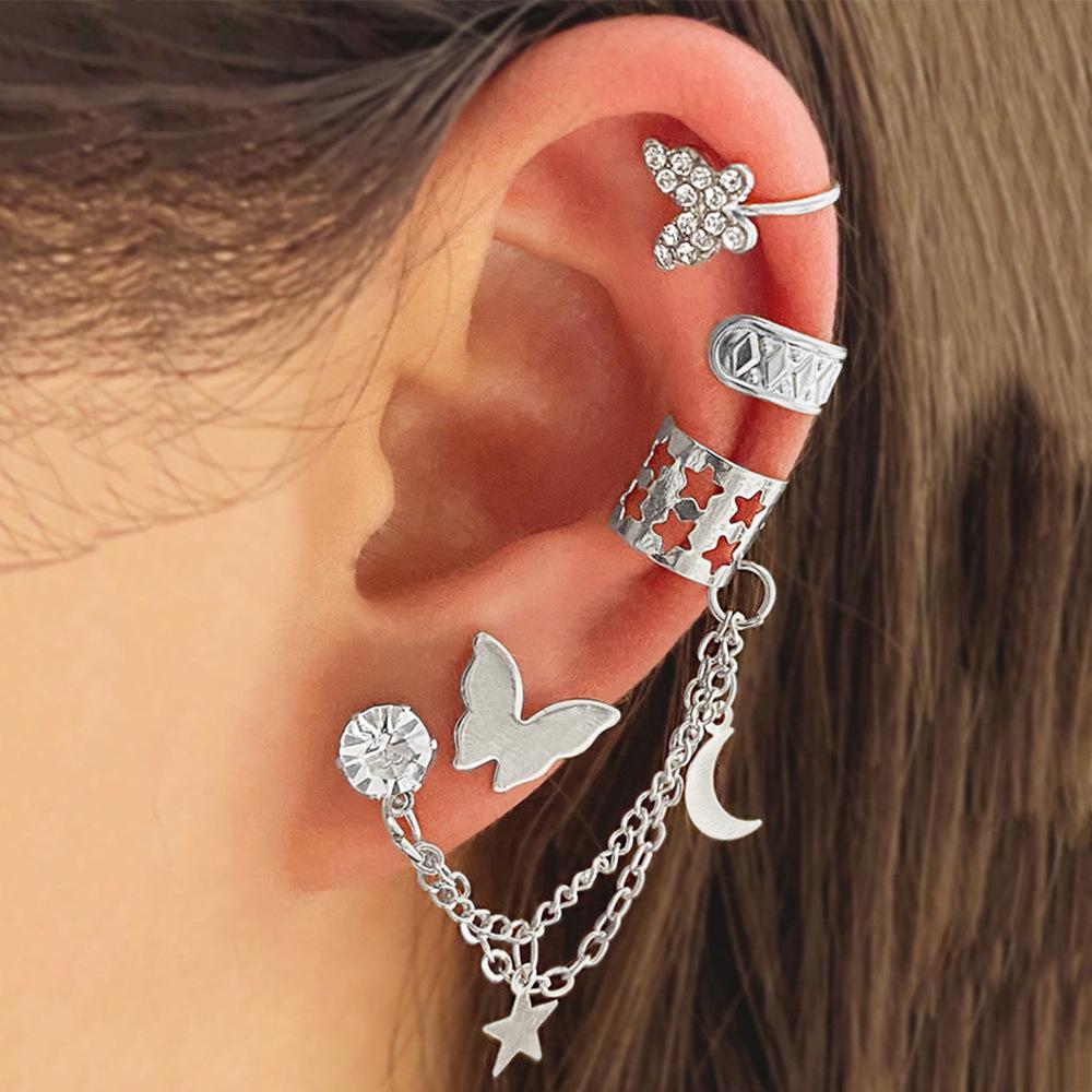 Exaggerated Rhinestone Butterfly Tassel Ear Cuff Set - Non-Pierced U-Shaped Alloy Stud Earrings