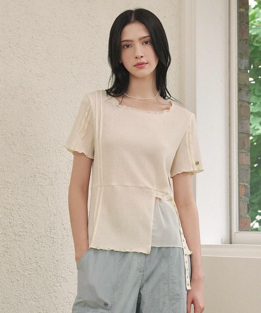 MICANE Ripple Wrinkle-Chiffon Mix Strap Point Tee