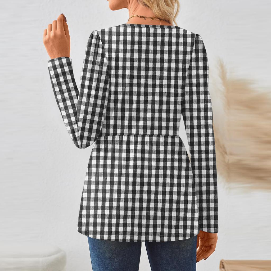 Women's Casual Fashion Long Sleeve Shirt Plaid Printed Tunic Top