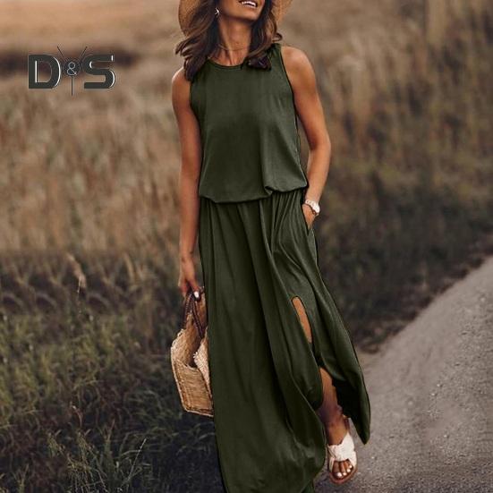 Женское летнее платье с плиссировкой, круглым вырезом, без рукавов, однотонное, свободное, с разрезом, макси-платье, повседневная одежда для свиданий, вечеринок, длинное платье