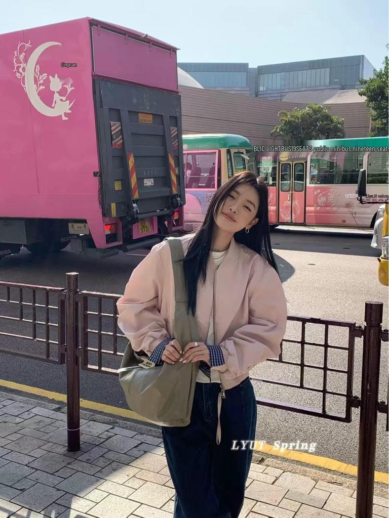 Женская бейсбольная куртка в корейском стиле, розовая, с вставками - модная весенняя коллекция 2025