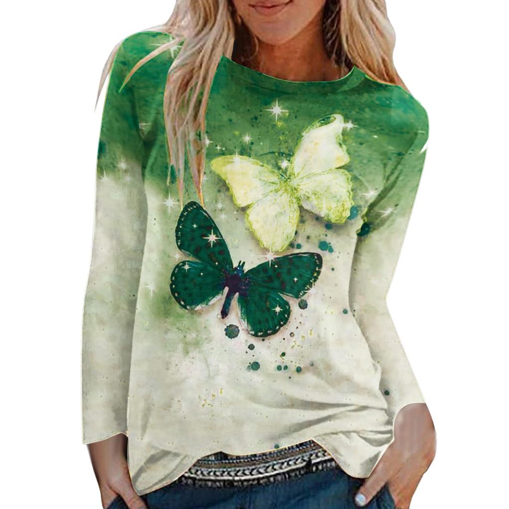 Круглый вырез с принтом в виде 3D-бабочки, модные повседневные женские футболки с длинными рукавами